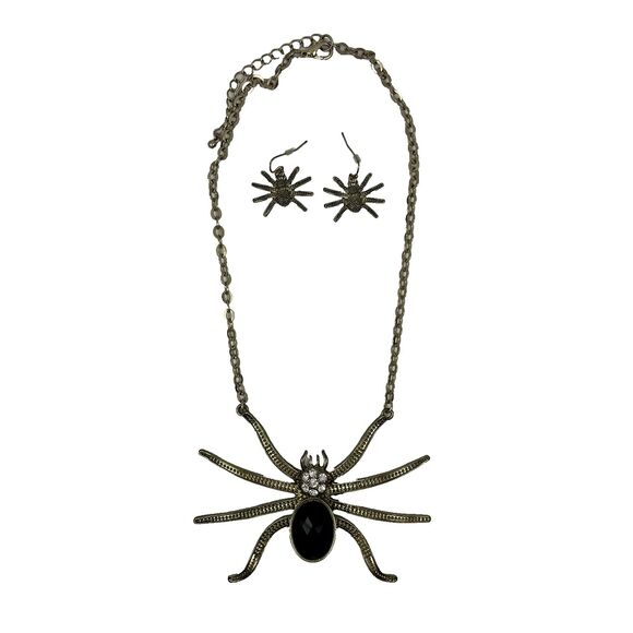 Spider‎ Necklace & Earring Set Gothic Halloween Witch Costume Jewelry Black - Picture 1 of 4